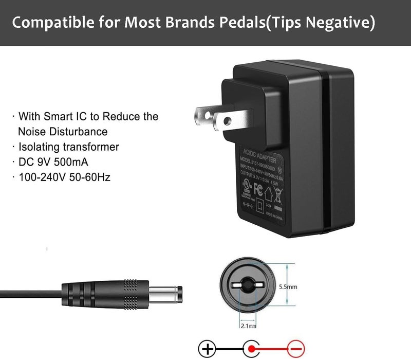JOYO DC 9V 500mA Guitar Pedal Power Supply Adapter AC Wall Charger Adapter One Spot 5.5mmX2.1mm Compatible for Most Effect Pedals (Tip Negative) - Image 3